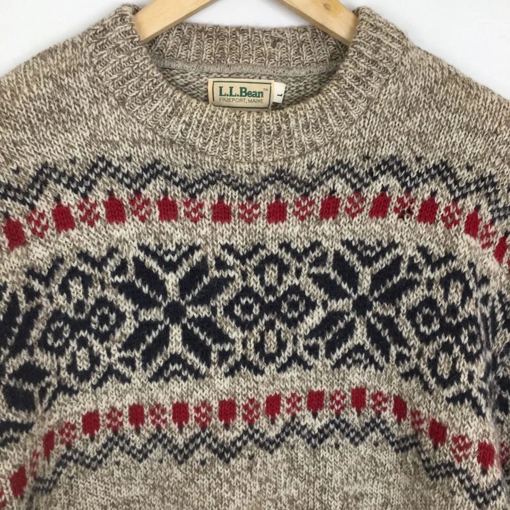 Vintage L.L. Bean Fair Isle Wool Sweater Size L Nordic Snowflake Crewneck USA